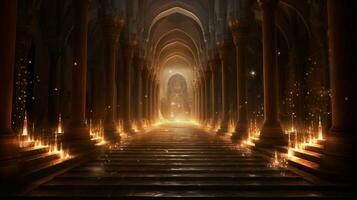 iluminado antigo corredor conduz para moderno espiritualidade foto