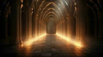 iluminado antigo corredor conduz para moderno espiritualidade foto