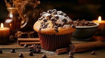 indulgente caseiro chocolate lasca bolinho com rústico decoração foto