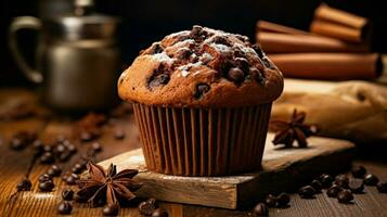 indulgente caseiro chocolate lasca bolinho com rústico decoração foto