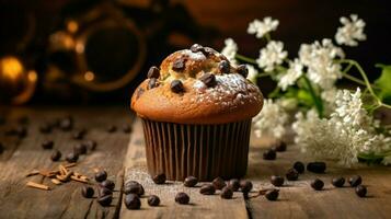 indulgente caseiro chocolate lasca bolinho com rústico decoração foto