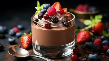 indulgente caseiro chocolate mousse com fresco baga fruta foto