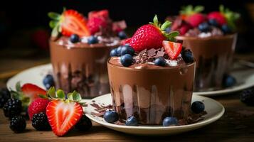 indulgente caseiro chocolate mousse com fresco baga fruta foto