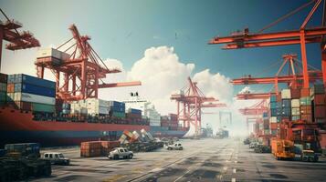 indústria navios e guindastes descarregando carga containers ao ar livre foto