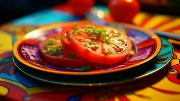 suculento maduro tomate fatia em vibrante multi colori salada foto