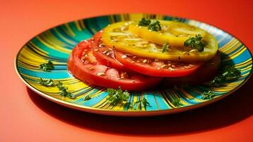 suculento maduro tomate fatia em vibrante multi colori salada foto