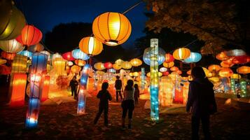 lanternas luz acima noite às ao ar livre festival foto