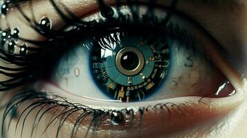 olhando às a futuro através robótico olhos foto