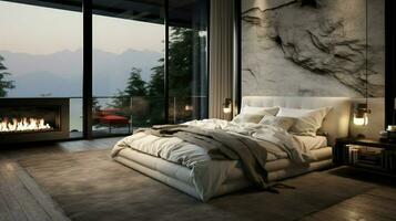 luxo quarto com moderno Projeto e confortável roupa de cama foto
