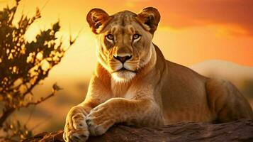majestoso leoa dentro a africano região selvagem pôr do sol foto