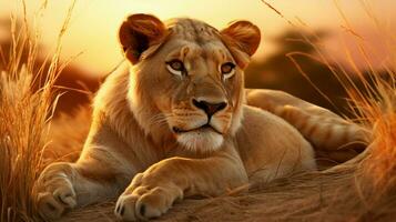 majestoso leoa em repouso dentro a gramíneo savana às pôr do sol foto