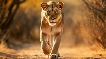 majestoso leoa caminhando dentro a africano savana foto