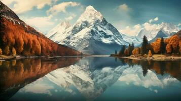 majestoso montanha pico reflete vibrante outono cores foto