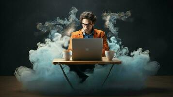 homem surfar internet em computador portátil durante café pausa foto