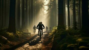 homens ciclismo através floresta extremo Esportes aventura foto