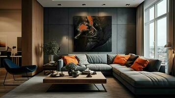 moderno apartamento com confortável sofá e decoração foto
