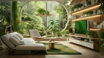 moderno doméstico quarto com tecnologia e natureza acentos foto