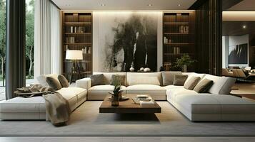 moderno elegante vivo quarto com confortável sofás foto