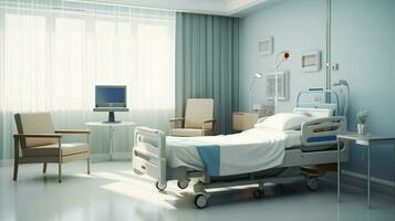 moderno hospital quarto com esvaziar cama e cadeira foto