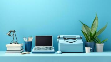 moderno escritório equipamento em uma azul escrivaninha foto