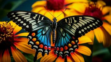 multi colori borboleta em amarelo flor fechar acima beleza foto