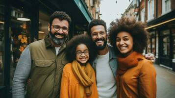 multi étnico família sorridente desfrutando cidade vida juntos foto