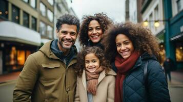 multi étnico família sorridente desfrutando cidade vida juntos foto