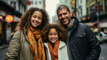 multi étnico família sorridente desfrutando cidade vida juntos foto