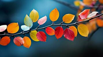 multicolorido outono folhas em árvore ramo fechar acima foto
