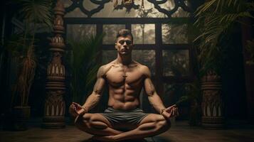 muscular atleta meditando dentro lótus posição dentro de casa foto