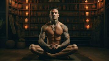 muscular atleta meditando dentro lótus posição dentro de casa foto