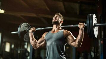 muscular homem elevação pesos dentro saúde clube foto