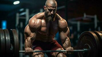 muscular homem prepara para levantamento de peso com concentração foto