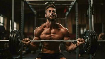 muscular homem elevação pesos dentro saúde clube foto