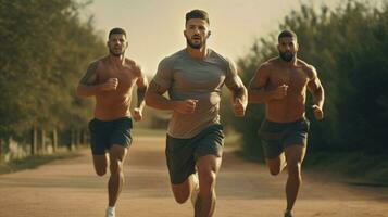 muscular homens corrida ao ar livre dentro Esportes roupas foto