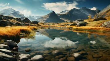 natureza beleza refletido dentro tranquilo montanha lagoa foto