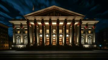 neo clássico tribunal fachada iluminado às noite foto