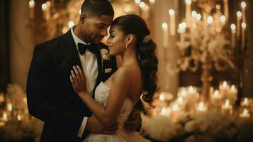 recém-casado casal abraços dentro elegante Casamento celebração foto