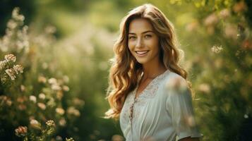 1 lindo mulher jovem e elegante sorridente dentro natureza foto