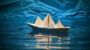 origami papel barco velas em azul água uma criativo viagem foto