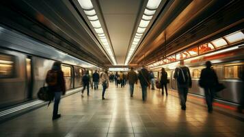 passageiros pressa através moderno metrô estação plataforma foto