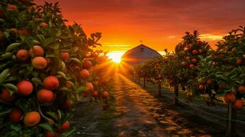 maduro fruta em idílico Fazenda dentro vibrante pôr do sol foto