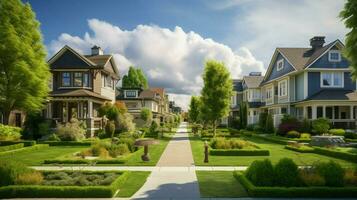 linhas do suburbano casas com verde gramados foto