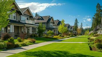 linhas do suburbano casas com verde gramados foto