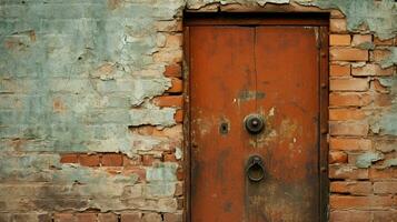 oxidado velho porta com tijolo parede e metal maçaneta foto