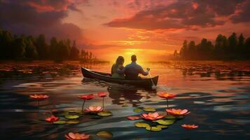 silencioso romance em tranquilo pôr do sol lagoa caiaque foto