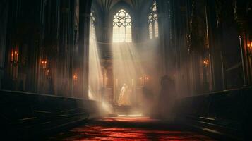 silencioso oração dentro majestoso gótico basílica capela foto