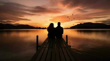 silhueta casal sentado em cais desfrutando pôr do sol foto