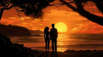 silhueta do casal em pé assistindo tranquilo pôr do sol foto