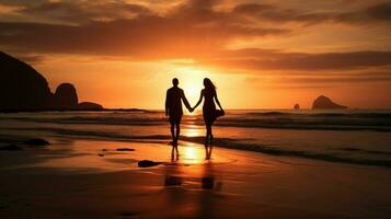 silhueta do casal caminhando em a de praia foto